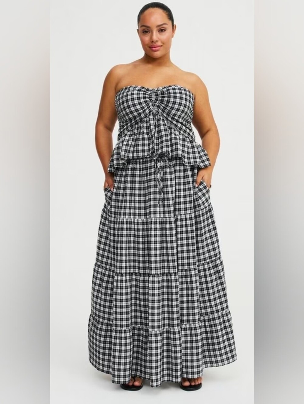 Torrid Black & White Gingham Strapless Tiered Maxi Dress